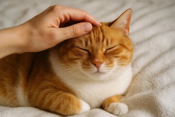 A gentle hand strokes a serene orange tabby cat at rest