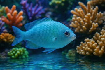 A blue fish swims among colorful coral reefs in a serene underwater scene