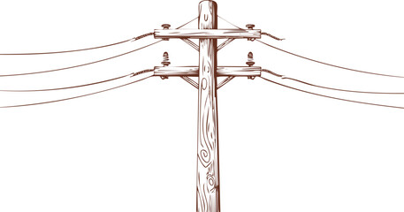 Old Wooden Utility Pole with Power Lines, Vintage Wooden Electric Pole, isolated on transparent vector background, cutout png.pole, old, clip, electricity, faded, horizontal, no people, photography, 