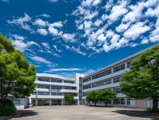 Obraz premium 青空の下で木々に囲まれた広い校庭と白い日本の学校校舎