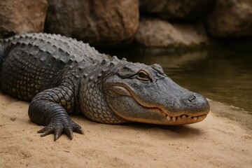 Obraz premium A serene moment captured as a large alligator rests on sandy terrain beside a tranquil body of water