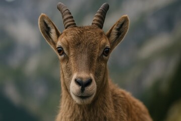 Fototapeta premium A close-up of a goat with curved horns staring directly into the camera lens