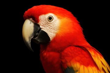Fototapeta premium Portrait of a vibrant red parrot against a stark black background, highlighting its striking plumage and captivating gaze