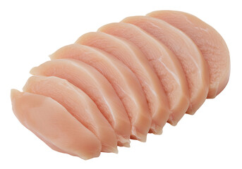 A raw, boneless, skinless chicken breast, thinly sliced into uniform pieces, white background isolated