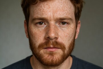 A man with a vivid red freckle pattern stands against a simple gray backdrop, embodying strength and individuality