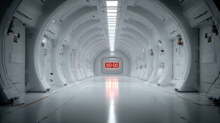 A futuristic, empty corridor with a curved ceiling and a glowing digital timer displaying "50:00" at the far end.