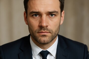 A man in a suit stands resolute against a muted backdrop