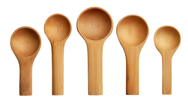 Bamboo measuring spoon set background isolated on a Transparent background, PNG file.