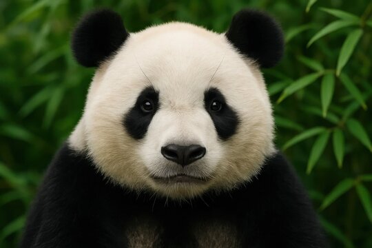 A black and white panda bear with big eyes looking at the camera