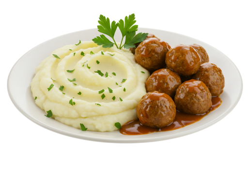 A classic comfort food dish meatballs with mashed potatoes, white background isolated