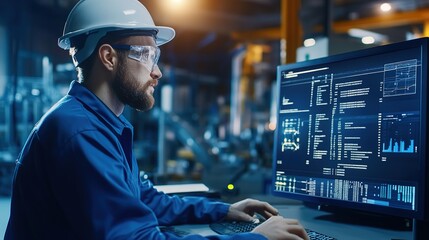 A focused engineer wearing safety gear works on a computer analyzing data and code in an industrial setting.