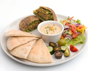 Sliced falafel plate served with tahini sauce and fresh sides on bright white background