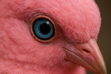 A close-up of a pink bird's eye, showcasing its striking blue irises against a blurred backdrop
