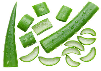 A fresh, green aloe vera leaves, cut into various pieces and slices, white background isolated