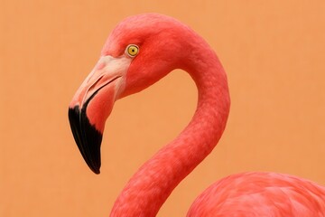 Obraz premium A vibrant pink flamingo stands out against a warm orange backdrop, its striking eyes capturing attention