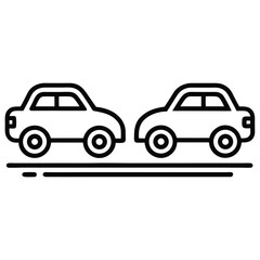 Two simple black line art cars parked side by side on a road isolated on white background