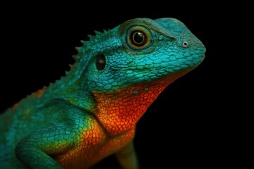A vibrant blue reptile with striking orange accents gazes intently into the depths of a black abyss