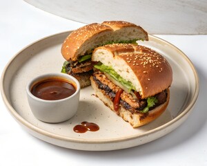 Grilled BBQ Portobello Burger served on plate with sauce cup on clean white background for stock food image