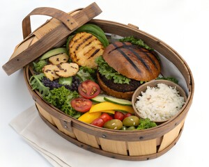 Rustic traditional basket filled with BBQ Portobello Burger and mixed organic food on white background