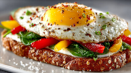 Toasted multigrain bread topped with kale, cherry tomatoes, creamy spread, and a perfectly fried egg seasoned with pepper