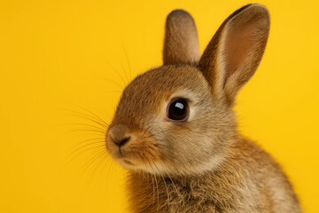 Obraz premium A close-up of a brown rabbit with large ears and long whiskers on a yellow background