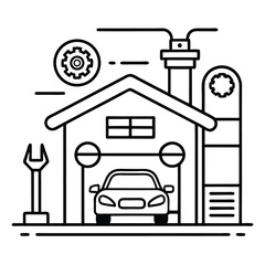 Car in a garage with tools and gears isolated on white background