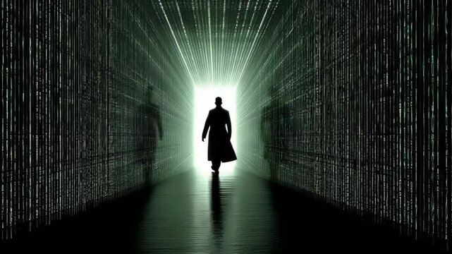 Mysterious figure walking towards glowing light in a dark, futuristic corridor