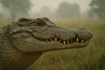 Obraz premium A crocodile's head peeks out from the lush greenery of a mist-shrouded forest, its eyes reflecting the tranquility of its surroundings