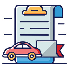 Car insurance policy document with red vehicle and ribbon isolated on white background