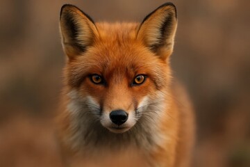 Fototapeta premium A close-up of a red fox with piercing yellow eyes gazing directly into the camera lens