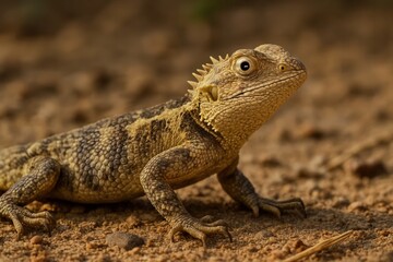 A solitary lizard with a textured coat stands alert on a sandy ground, its gaze fixed intently ahead