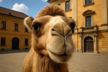 Fototapeta premium A camel stands in front of a quaint European building, its gaze meeting ours as if inviting us into its world
