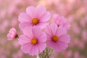 Obraz premium Delicate Cosmos Flowers in Full Bloom Against a Blurred Backdrop of Nature's Canvas
