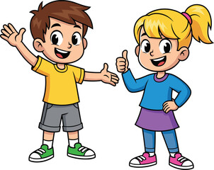 Happy Diverse Kids Waving and Giving Thumbs Up, Cheerful Boy and Girl Smiling, Friendship and Childhood Joy Concept, Playful Youngsters