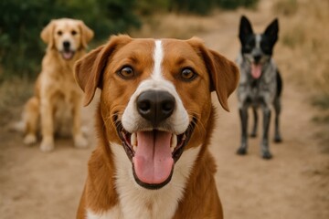 Three canine companions enjoying a sunny day outdoors