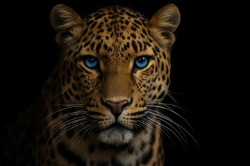 A Study in Contrasts - Deep Black Background, Piercing Blue Eyes, and Roaring Manes