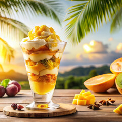 Luscious mango passionfruit ice cream sundae with tropical fruit garnish in tall glass, exotic dessert fantasy, exotic vacation vibes perfect for beach resorts and summer campaigns
