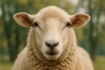 A sheep stands out against a softly blurred backdrop of nature