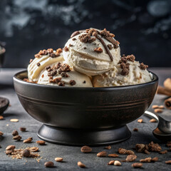 Low calorie cookies and cream ice cream with sugar free cookie pieces in black bowl, guilt free dessert, guilt free pleasure perfect for weight management and fitness lifestyle