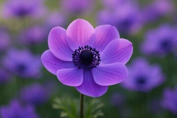 Fototapeta premium A solitary purple flower stands out against a sea of similar blooms, its dark center drawing the eye amidst the soft blur