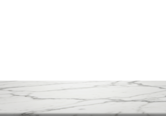 Polished white Carrara marble tabletop with delicate grey veining, reflective surface, standalone, isolated against a seamless pure stark white studio background with ample copy space. Concept for