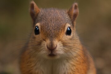 Obraz premium A close-up of a squirrel's face, with its eyes wide open, set against a blurred natural background