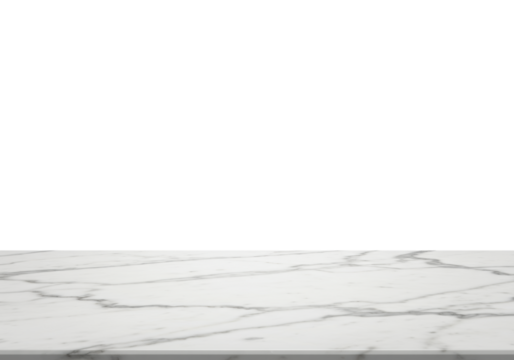 Polished white Carrara marble tabletop with delicate grey veining, reflective surface, standalone, isolated against a seamless pure stark white studio background with ample copy space. Concept for