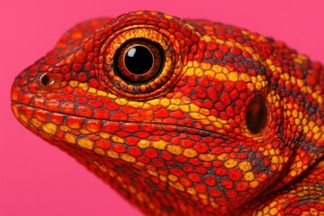 Fototapeta premium A vibrant red lizard with yellow and orange stripes on its face is staring directly into the camera lens