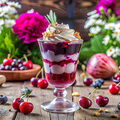 Sugar free cherry blackcurrant protein ice cream with fresh berries and coconut whip, fitness friendly delight, fitness approved treat for active lifestyles and clean eating