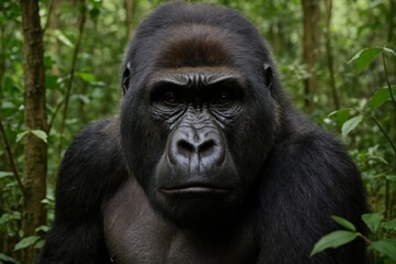 A majestic gorilla gazes into the heart of the forest, its eyes reflecting a deep connection with nature