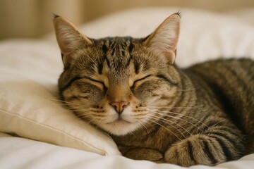 A Serene Tabby Cat Enjoys a Peaceful Slumber on Plush Cream Pillows