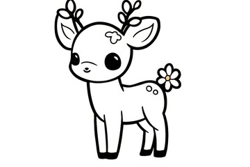 Fototapeta premium Simple cute deer line drawing flower on head bold black outline flat vector clipart coloring book illustration