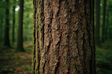 Obraz premium Close-up of a weathered tree trunk in a dense forest, highlighting the natural textures and patterns that speak to the passage of time