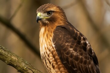A majestic hawk perches on a branch, its keen eyes surveying its surroundings with an air of quiet intensity